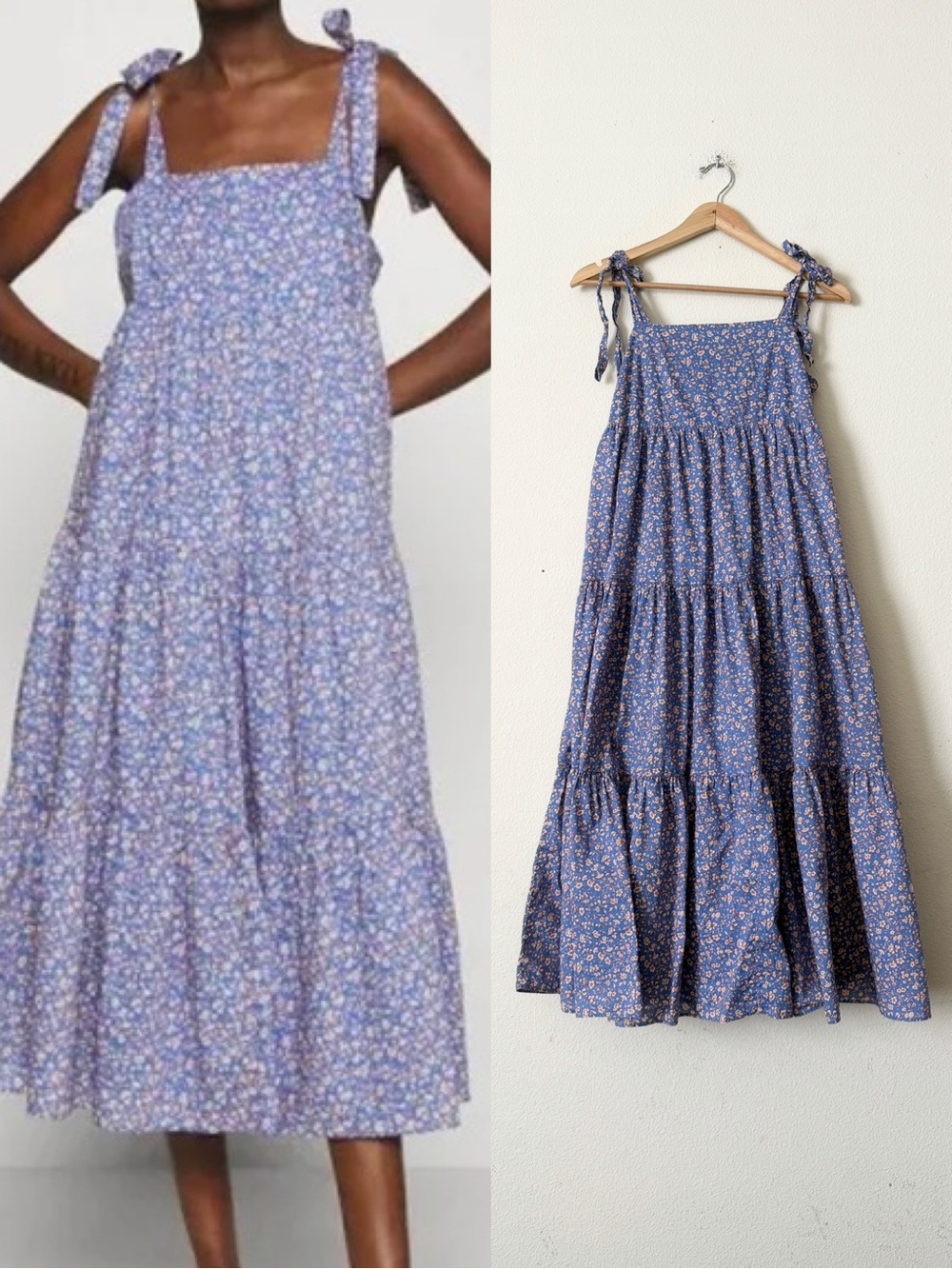 Madewell SMALL tie strap shoulder tiered midi dress in blue floral